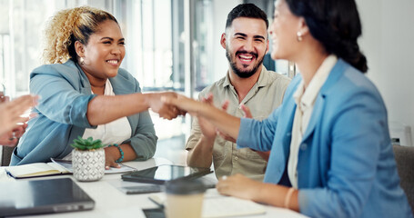 Business, woman and leader handshake employee, applause for promotion and welcome new agent. Corporate, female employee shaking hands and manager with staff clapping and celebration for achievement