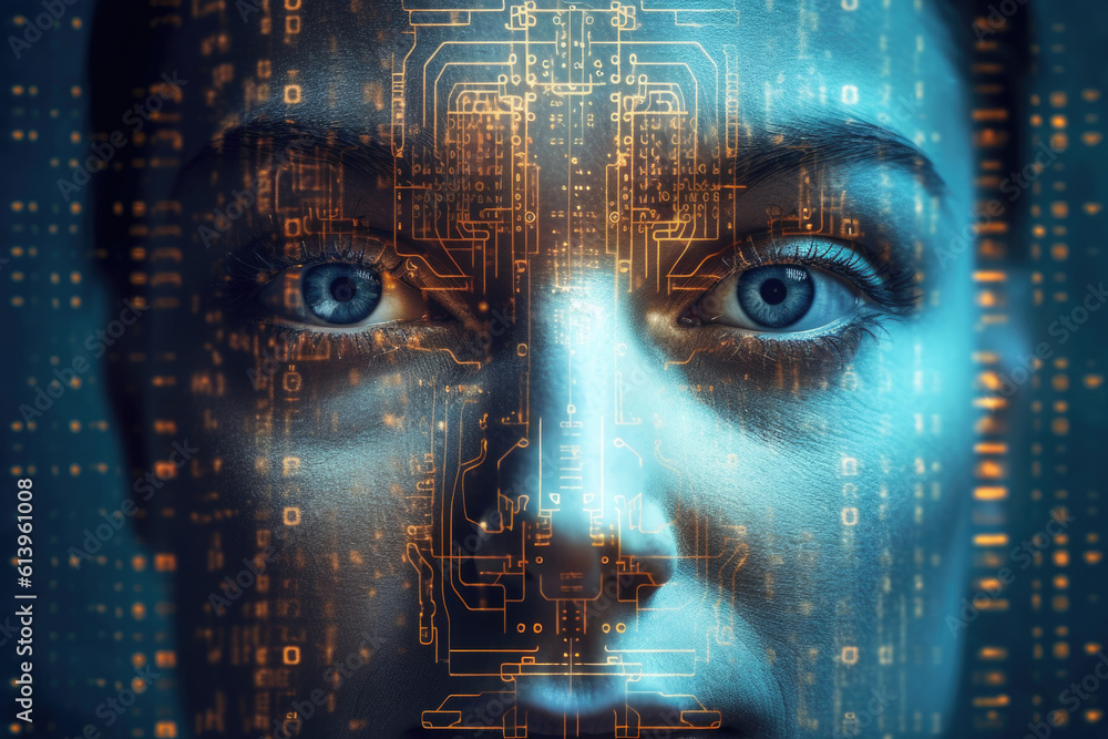 Aufkleber digital hologram of female face looking from futuristic screen. interaction with artificial intellig