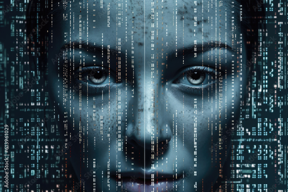 Poster digital hologram of female face looking from futuristic screen. interaction with artificial intellig
