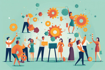 Business and teamwork concept. People installing gear mechanism with cogwheels. Partnership and cooperation. Created with Generative AI