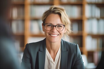 a german female accountant smiling talking to her clients at a table in her light filled office. generative AI - obrazy, fototapety, plakaty
