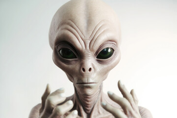 Alien humanoid portrait on white background. Friendly extraterrestrial humanoid shows thumb up gesture. Created with Generative AI