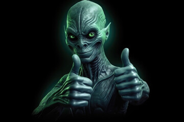 Alien humanoid portrait on dark background. Extraterrestrial humanoid shows thumb up gesture. Friendly alien. Created with Generative AI