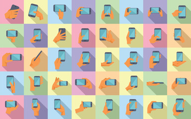 Hand holding phone icons set flat vector. Mobile chat. Hand messenger