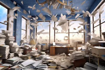Obraz na płótnie Canvas Clutter and chaos in office. Scattered documents fly over the workplace. Stress in business. Bureaucracy and paperwork. Created with Generative AI