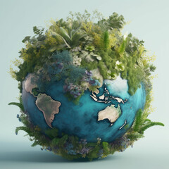 Ecology concept. A globe of planet Earth with blue oceans, green plants and flowers. Generative AI.
