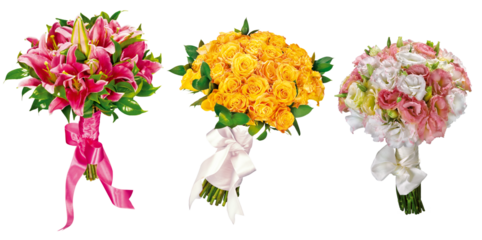 três buquês de flores naturais isolado em fundo transparente - buquê de noiva - ramo de noiva