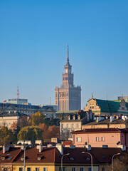 View towards Palace of Culture and Science at sunrise, Warsaw, Masovian Voivodeship, Poland