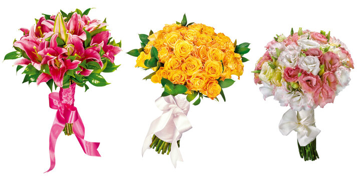 tr&ecirc;s buqu&ecirc;s de flores naturais isolado em fundo transparente - buqu&ecirc; de noiva - ramo de noiva