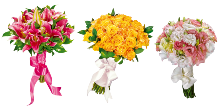 três buquês de flores naturais isolado em fundo transparente - buquê de noiva - ramo de noiva
