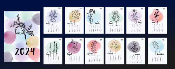 2024 calendar layout on a botanical theme. Calendar design concept with flowers on watercolor dots. Set of 12 months start on Sunday