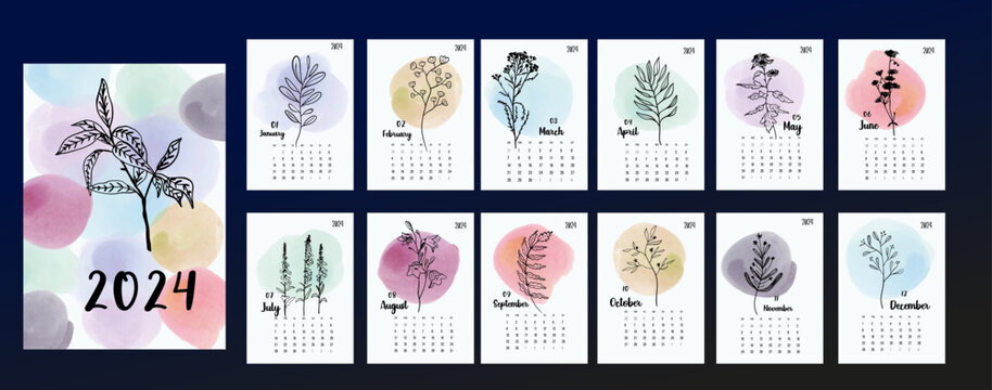 2024 calendar layout on a botanical theme. Calendar design concept with flowers on watercolor dots. Set of 12 months start on Sunday