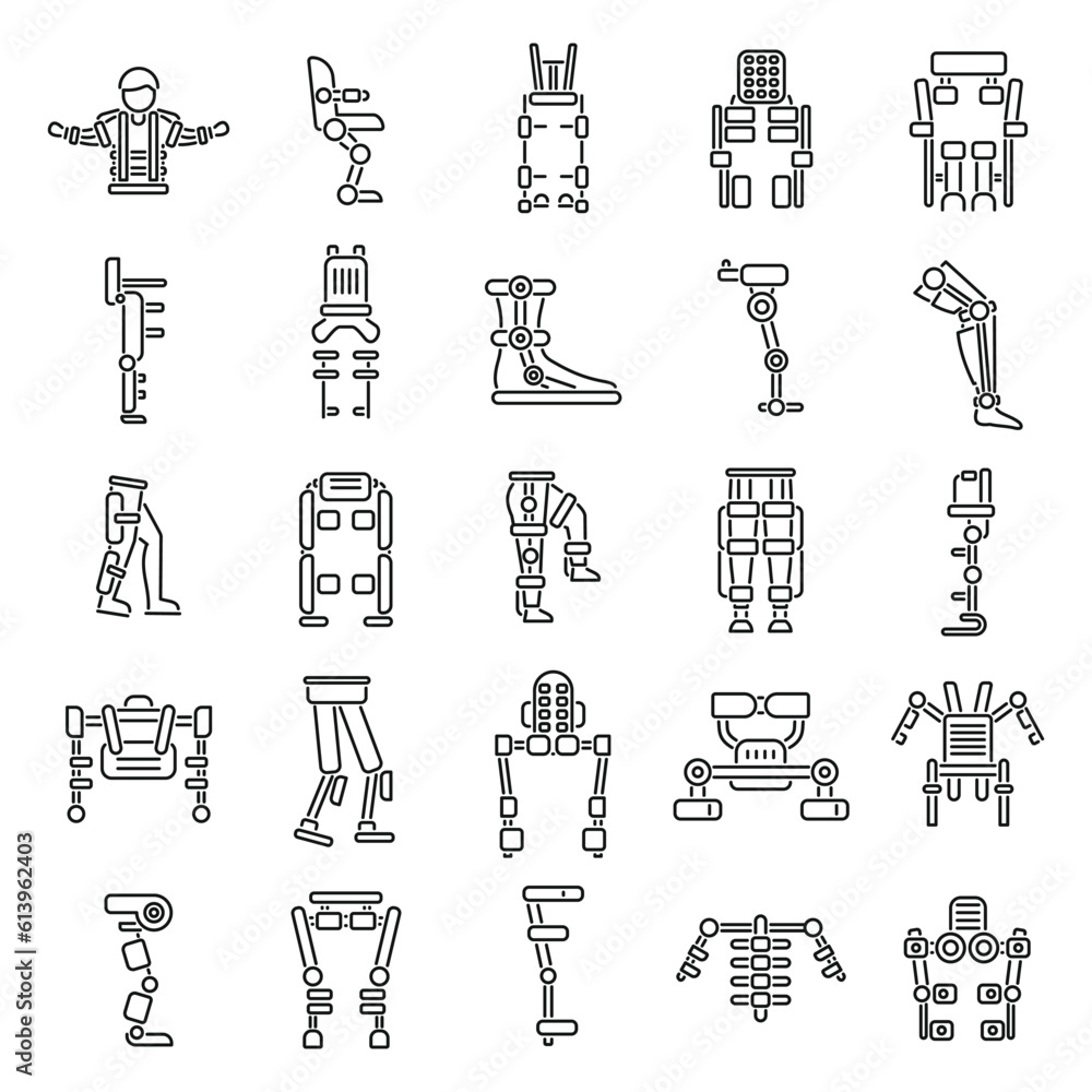 Poster exoskeleton icons set outline vector. body cyber. advanced future