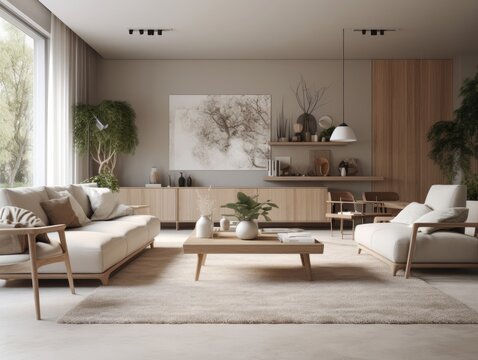 Scandinavian comfortable living room, wooden floor and furniture. Generative AI