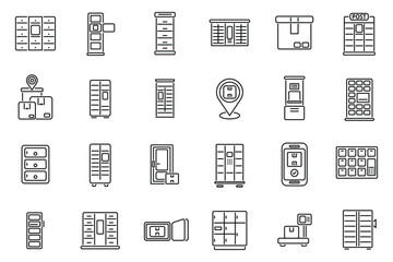 Self-service parcel delivery icons set outline vector. Locker automat. Parcel station