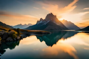 Fototapeta na wymiar sunrise over the mountains with lake.Generative AI Technology