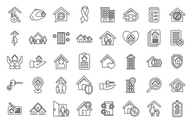 Social housing icons set outline vector. Home work. Stay care