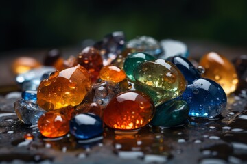 beautiful colored gemstones on top of a wet rocky surface