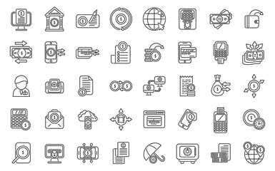 Banking transactions icons set outline vector. Online bank. Mobile app