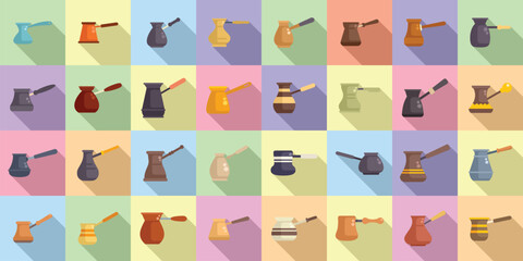 Turkish coffee pot icons set flat vector. Cafe cook. Natural pot