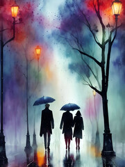 Couple walking in rainy alley watercolor. AI generated illustration