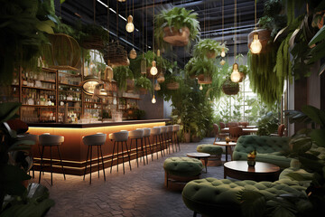 Modern Bar Interior Design with Vegetation and Pendant Lighting 