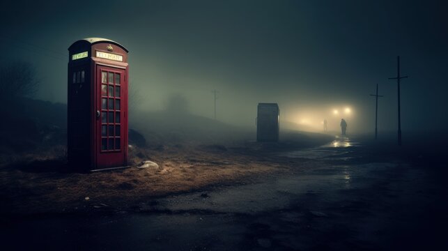 conventional telephone box in the middle of an empty street