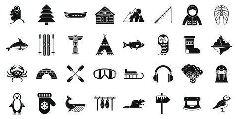 Alaska icons set simple vector. Sled dog. People igloo - obrazy, fototapety, plakaty