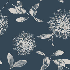 pattern of leaves and flowers on a blue background