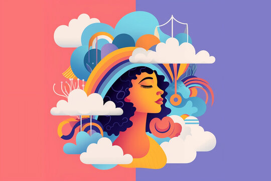 Illustration of a woman with head in the clouds --Generative AI