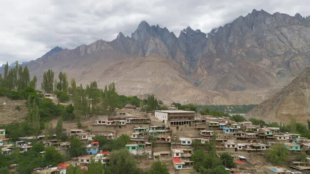 Aerial view of Karakoram high mountain hills. Nature landscape background, Skardu-Gilgit, Pakistan. Travel on holiday vacation.