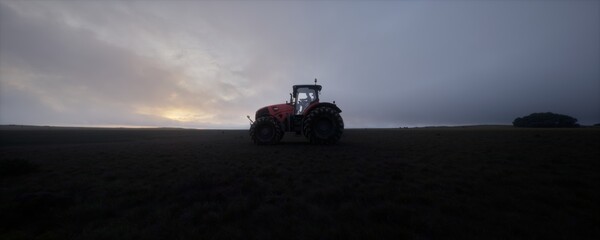 WIDE Silhouette of a modern generic tractor driving through the field at dusk