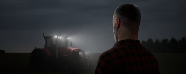 Silhouette portrait of 50s Caucasian male farmer walking towards tractor at dawn