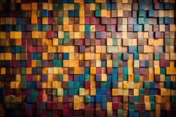 Multi-colored wooden wall mosaic of planks or tiles. Generative AI