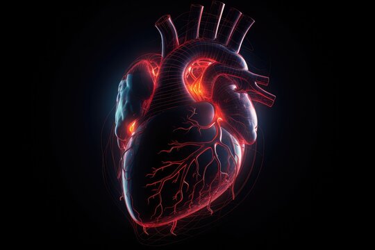 Glowing neon human heart on black background. Generative AI