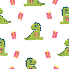 Seamless vector greeting pattern. Cute dinosaur holding a gift in his paws, gift boxes. Dtno birthday pattern