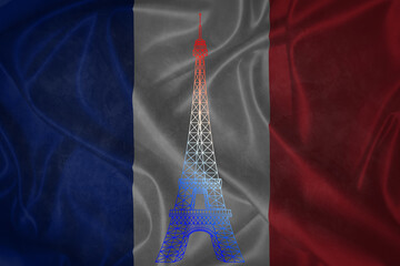 French flag on abstract black background with the Eiffel Tower and the inscription Happy Bastille Day.