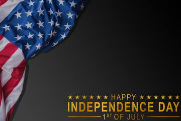 American flag on abstract black background gold lettering for Independence Day on July 4th.