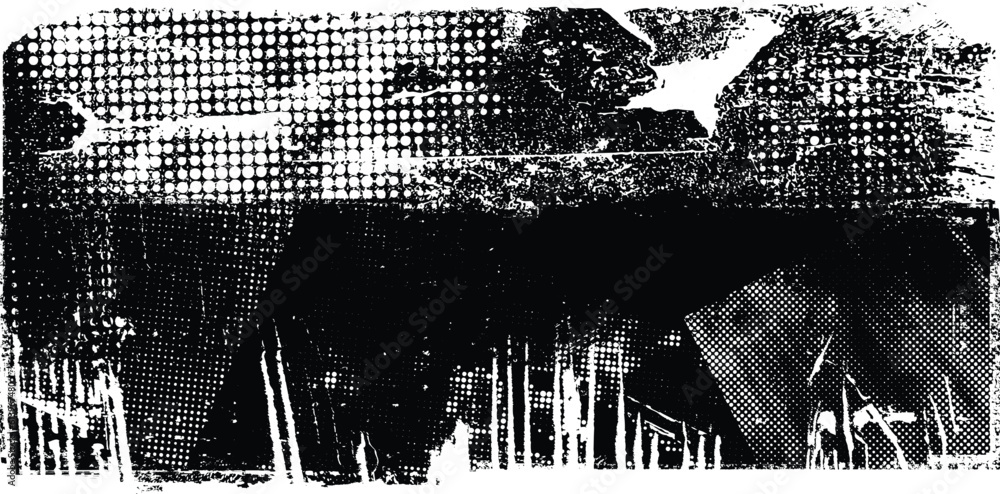 Poster Glitch distorted grunge layer  . Noise destroyed texture . Trendy defect error shapes . Overlay grunge texture . Distressed effect .Vector shapes with a halftone dots screen print texture.