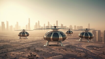 Fototapeta na wymiar Eco friendly modern and futuristic air taxis flying in modern United Arab Emirates city. Generative AI.