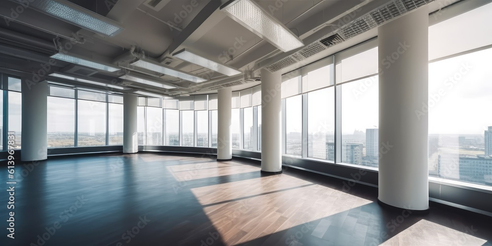 Poster empty space in office with large window overlooking city center. generative ai aig18.
