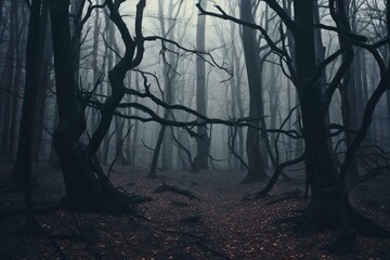 Creepy dark forest with dry trees. Created using generative AI.