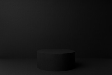 Abstract black stage with one round podium mockup for presentation cosmetic products, goods, advertising, design, card, poster, sale, flyer, text in soft gradient color, in modern simple style.