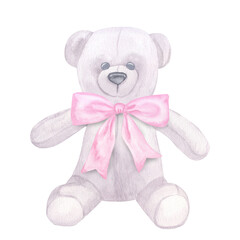 Gray teddy bear, pink bow, toy baby girl. Hand drawn watercolor illustration isolated on white background. Collection gender reveal party, baby shower