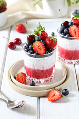 Chia pudding with strawberries, blueberries and cherry.