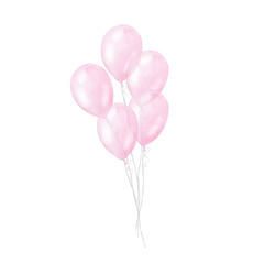 Pink balloons bundle, girl kids birthday surprise. Hand drawn watercolor illustration isolated on white background. For gender reveal party, baby shower, children's design, newborn products