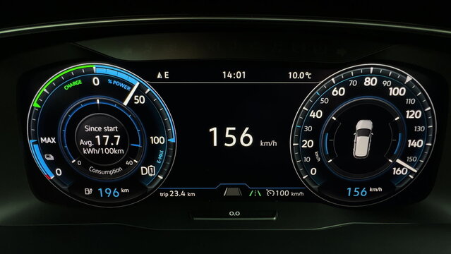 Top Speed Performance Racing Electric Car Dashboard. Pushing The Limits. Tachometer Showing Extreme Performance. Powerful Electric Engine. Electric Vehicle Dashboard Panel. Max Speed Electric Car. - Powered by Adobe