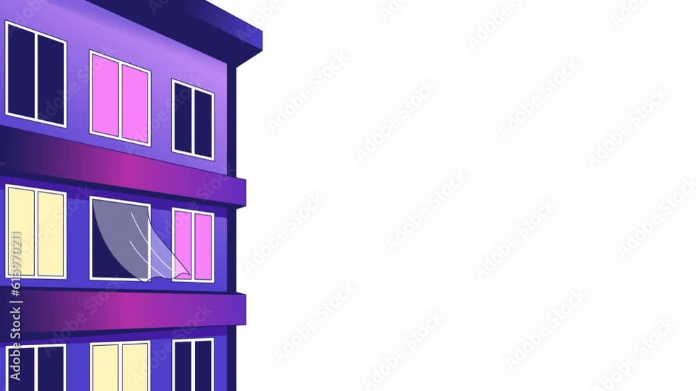 Poster blinking building windows animation. flat outline style element 4k video for web design. late night 