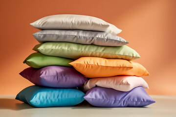 Colorful satin pillows, cushions stacked, Generative AI