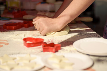 Obraz na płótnie Canvas The girls knead the dough and cut out figures of various shapes. The process of making cookies or shortbread.